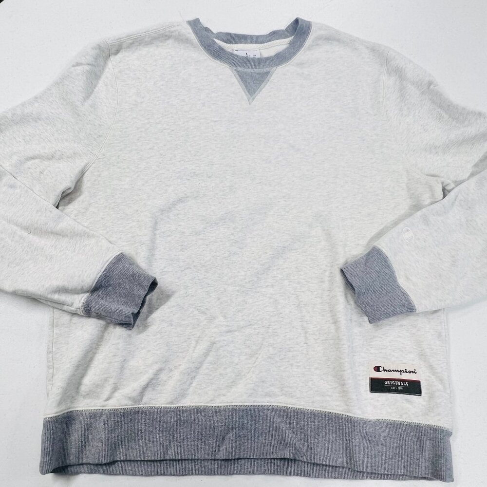 Champion Men's Sueded Fleece Crewneck Sweatshirt White Grey Size Large EUC